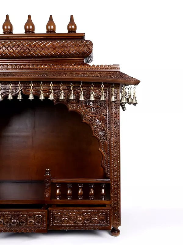 Premium Carved Wooden Pooja Mandir | Spacious Storage Drawers