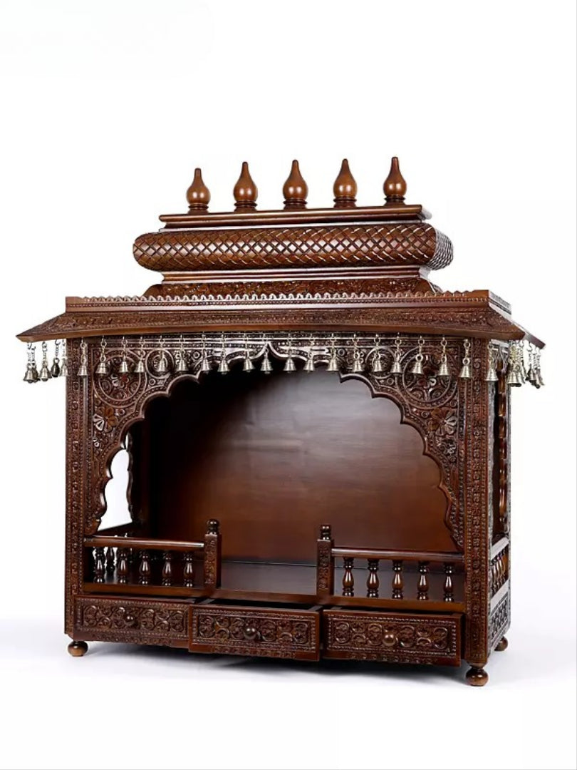 Premium Carved Wooden Pooja Mandir | Spacious Storage Drawers