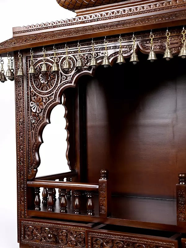 Premium Carved Wooden Pooja Mandir | Spacious Storage Drawers