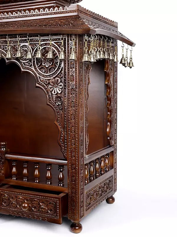 Premium Carved Wooden Pooja Mandir | Spacious Storage Drawers