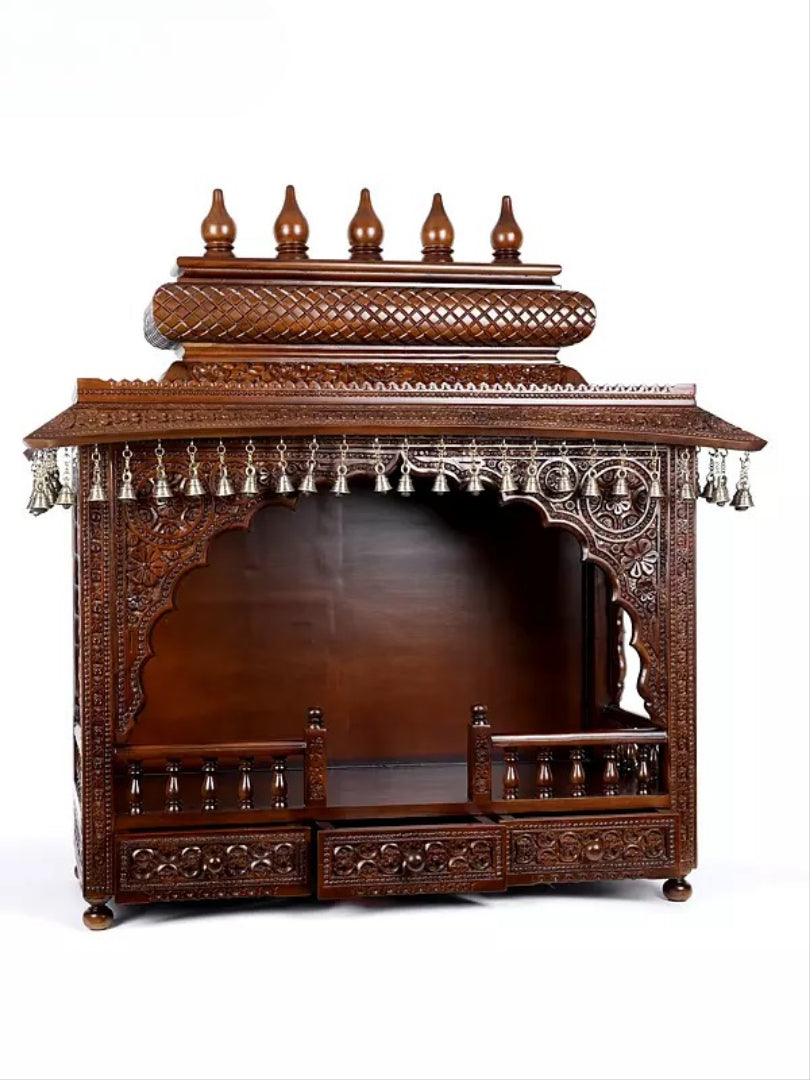 Premium Carved Wooden Pooja Mandir | Spacious Storage Drawers