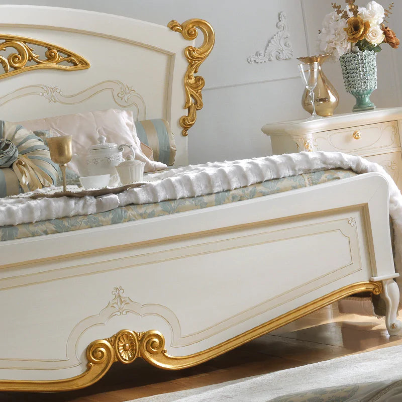 Royal Hand-Carved Wooden Bed with Tufted Comfort