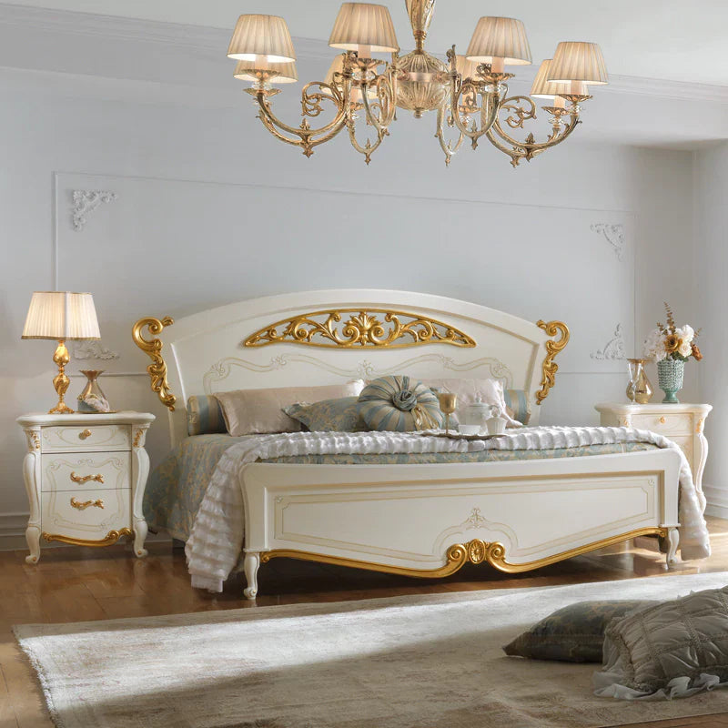 Royal Hand-Carved Wooden Bed with Tufted Comfort