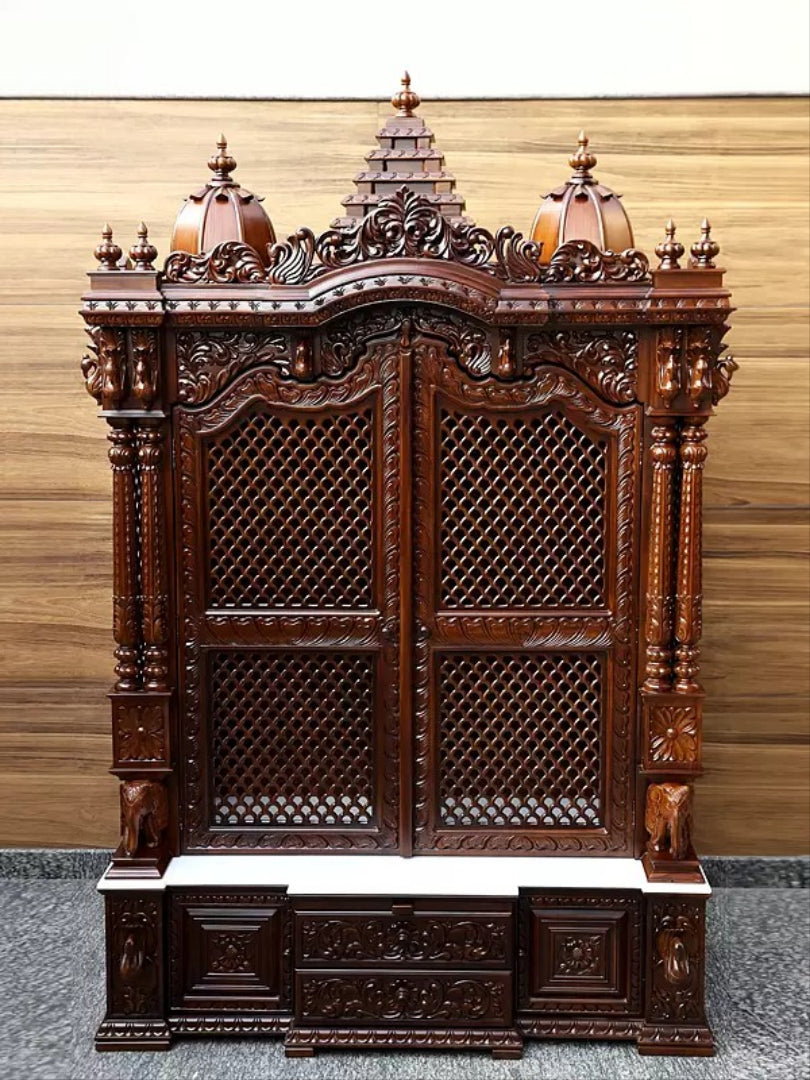 Antique Finish Wooden Mandir | Traditional Carved Temple for Prayer Room