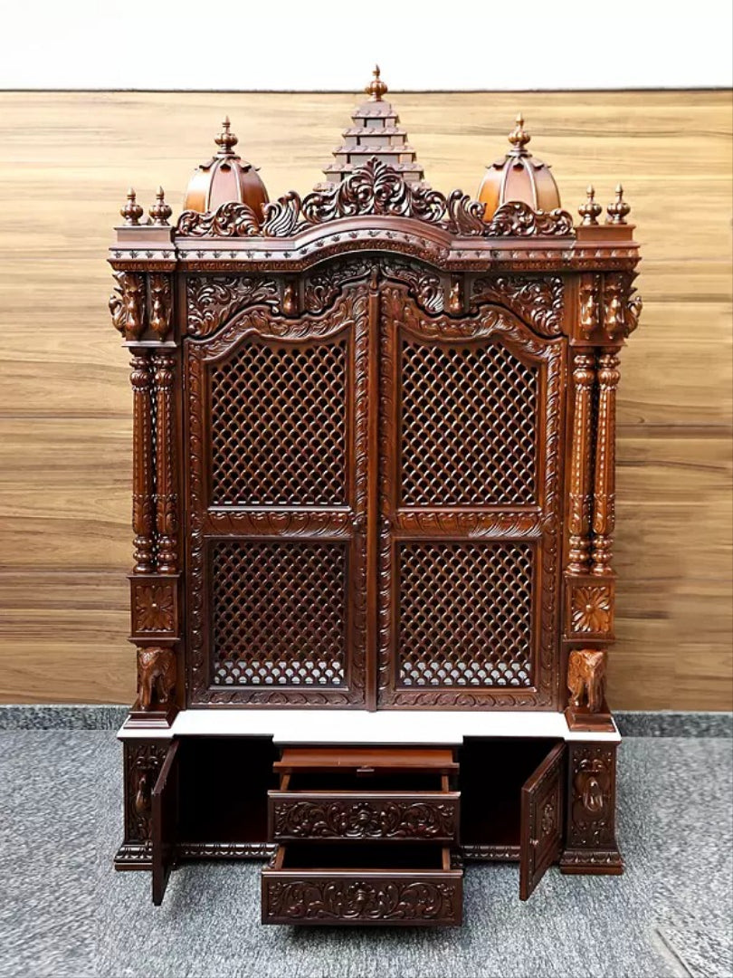Antique Finish Wooden Mandir | Traditional Carved Temple for Prayer Room
