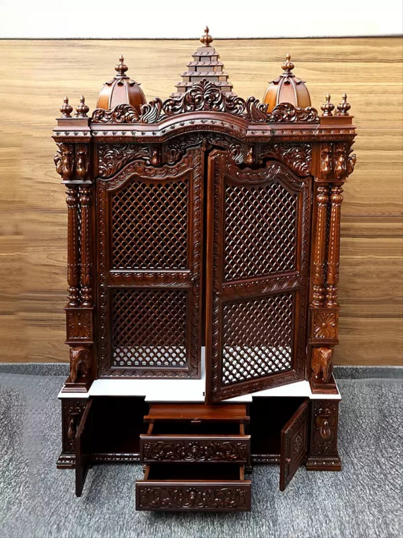 Antique Finish Wooden Mandir | Traditional Carved Temple for Prayer Room