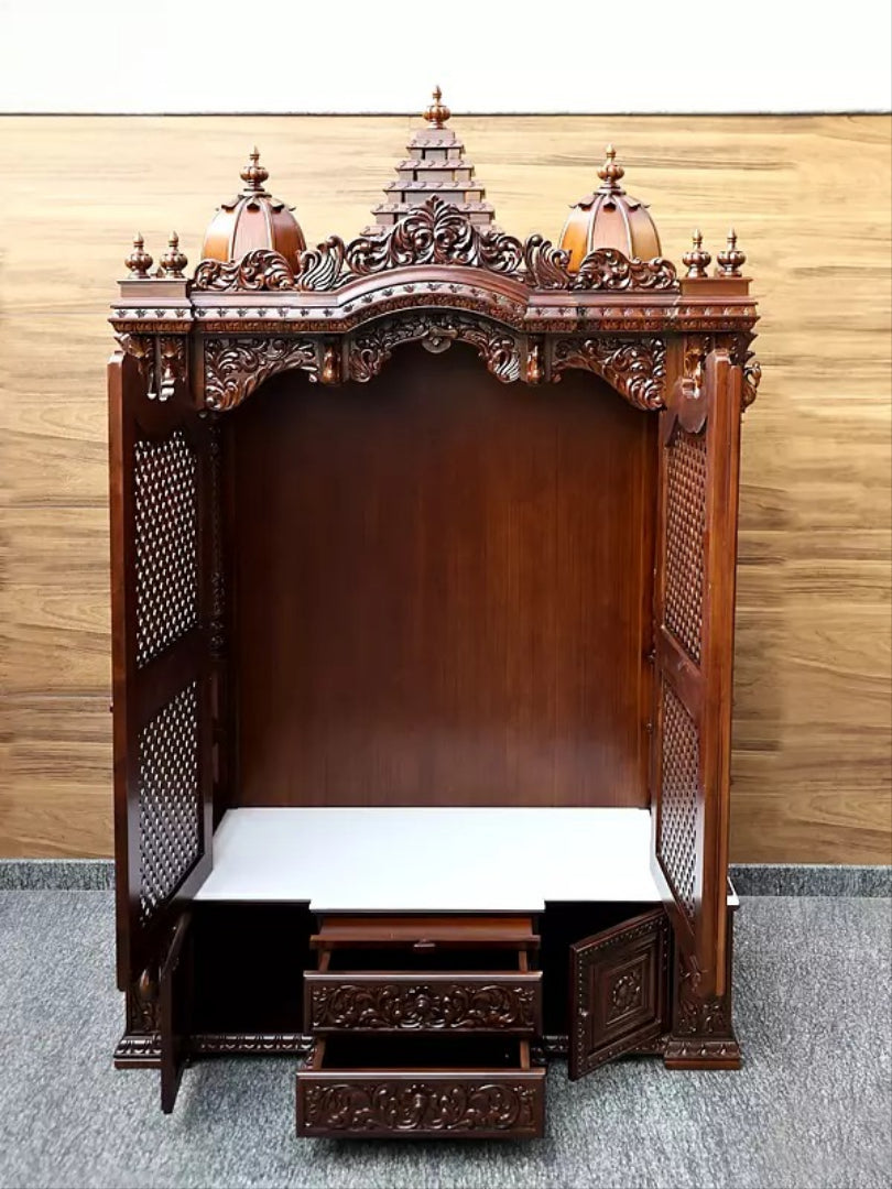 Antique Finish Wooden Mandir | Traditional Carved Temple for Prayer Room