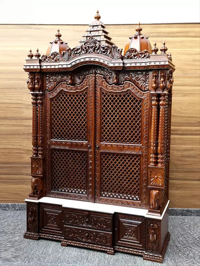 Antique Finish Wooden Mandir | Traditional Carved Temple for Prayer Room