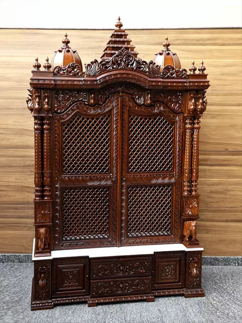 Antique Finish Wooden Mandir | Traditional Carved Temple for Prayer Room