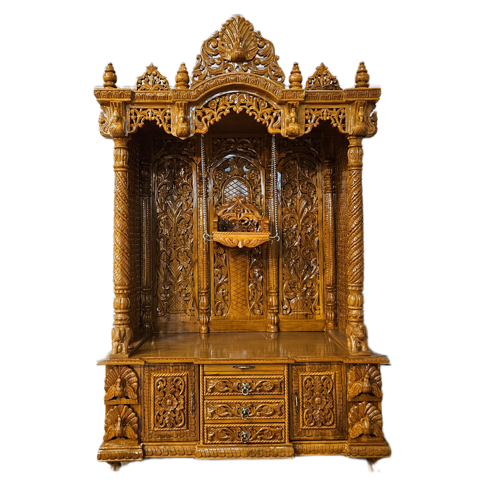 Handcrafted Solid Wood Mandir with Carved Details