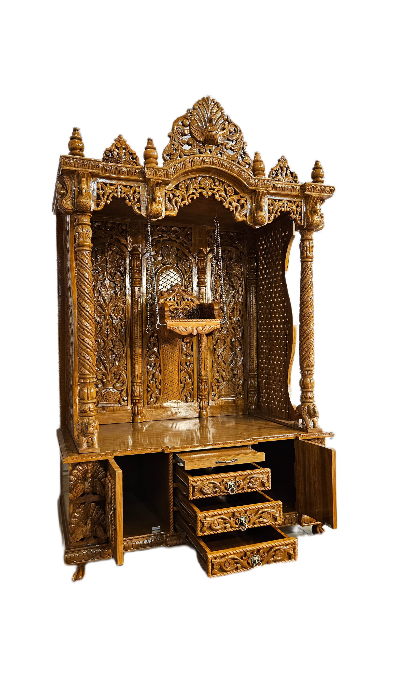 Handcrafted Solid Wood Mandir with Carved Details - Image 4